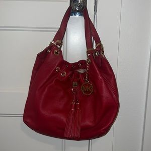 Micheal Kors Camden Leather Drawstring Bucket Bag - Red w/ MK Tassels